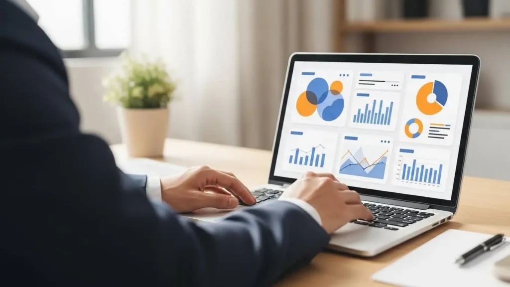 A small business owner analyzing digital marketing for small business growth metrics on a laptop.