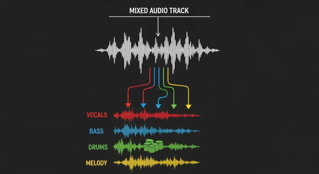 AI vocal remover diagram showing how deep learning separates vocals bass drums and melody stems from a mixed audio track