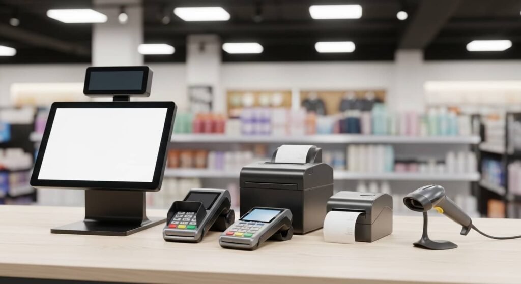Best POS system for small business setup with touchscreen terminal, card reader, and receipt printer on retail store counter