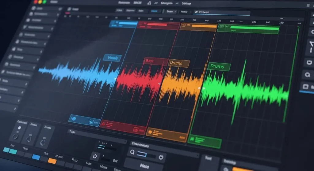Best vocal remover tool showing AI stem separation of vocals bass and drums on a digital audio workstation