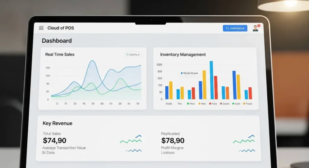 Cloud POS system dashboard showing real-time sales tracking, inventory management, and business analytics for small business owners