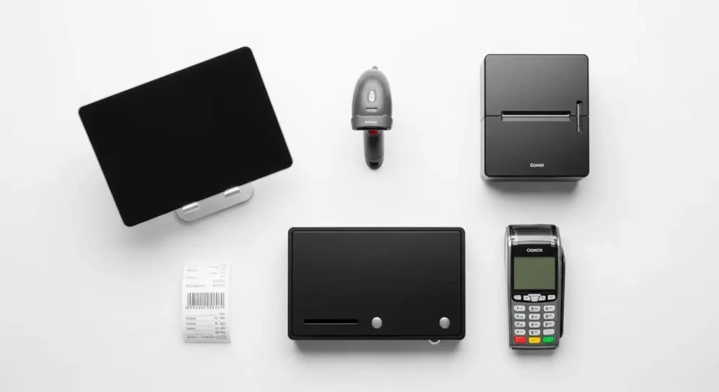 Complete POS hardware and software bundle including barcode scanner, receipt printer, cash drawer, and card payment terminal for small business