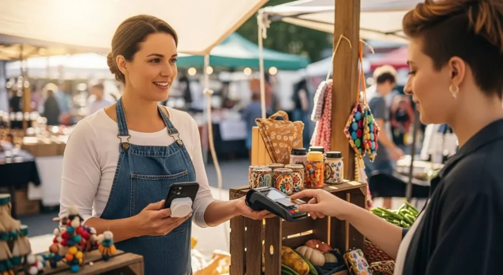 Mobile POS system for small business with smartphone card reader processing contactless credit card payment at outdoor market